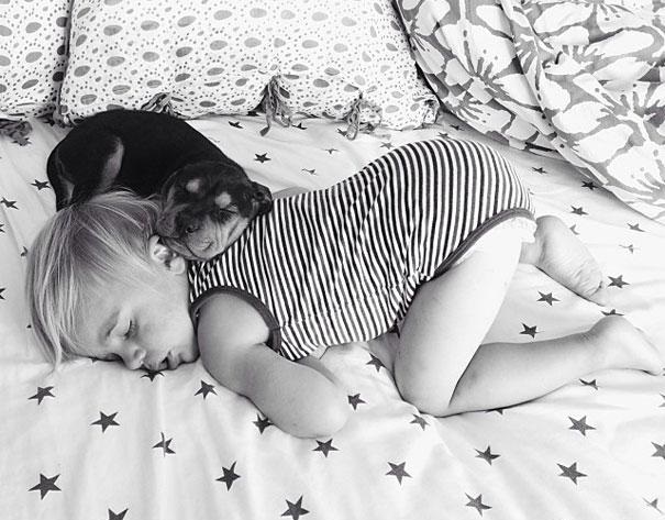 Niño y cachorro durmiendo la siesta